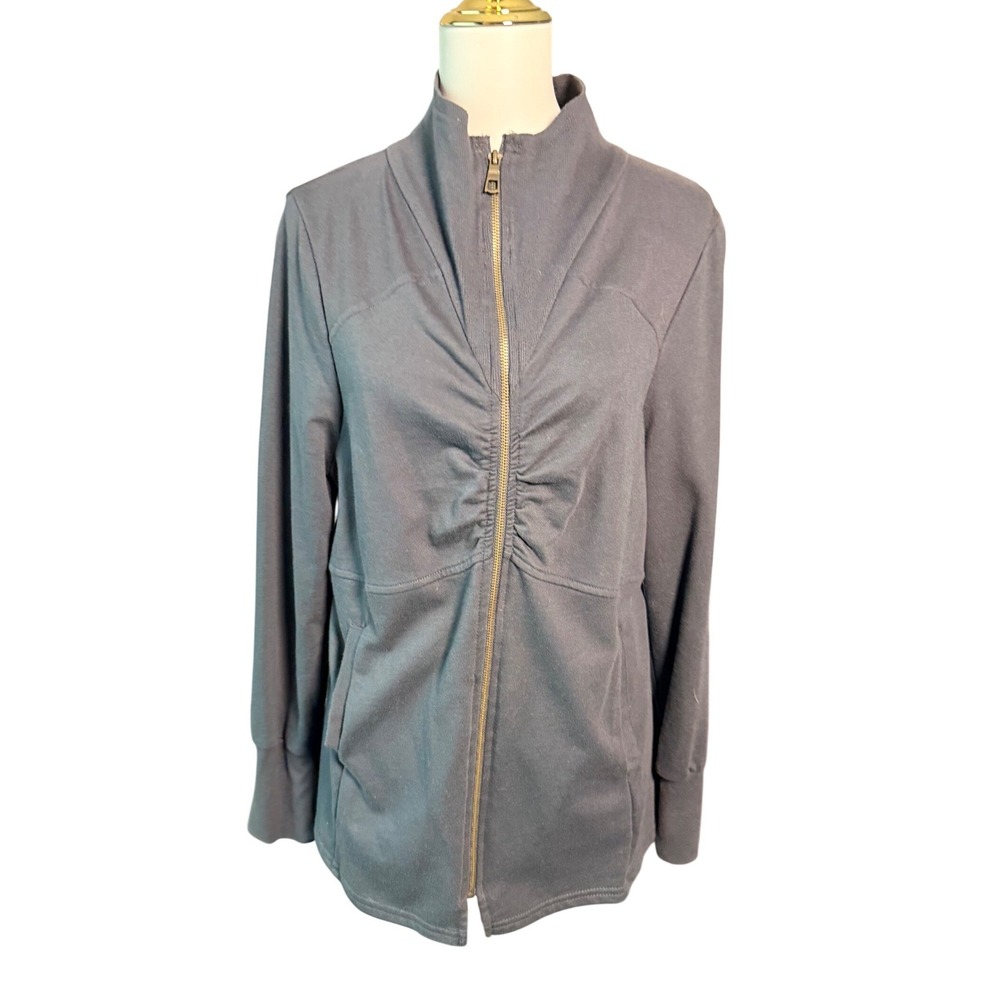 XCVI Women's 1X Gray Ruched Full Zip Sweatshirt Jacket Cotton Blend Pockets Cozy